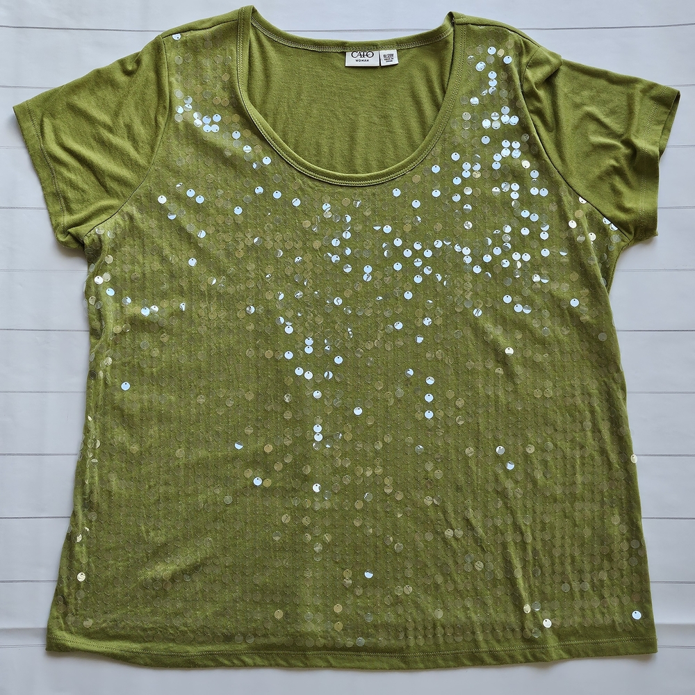 Cato Woman Green Sequin Tee Top 18/20